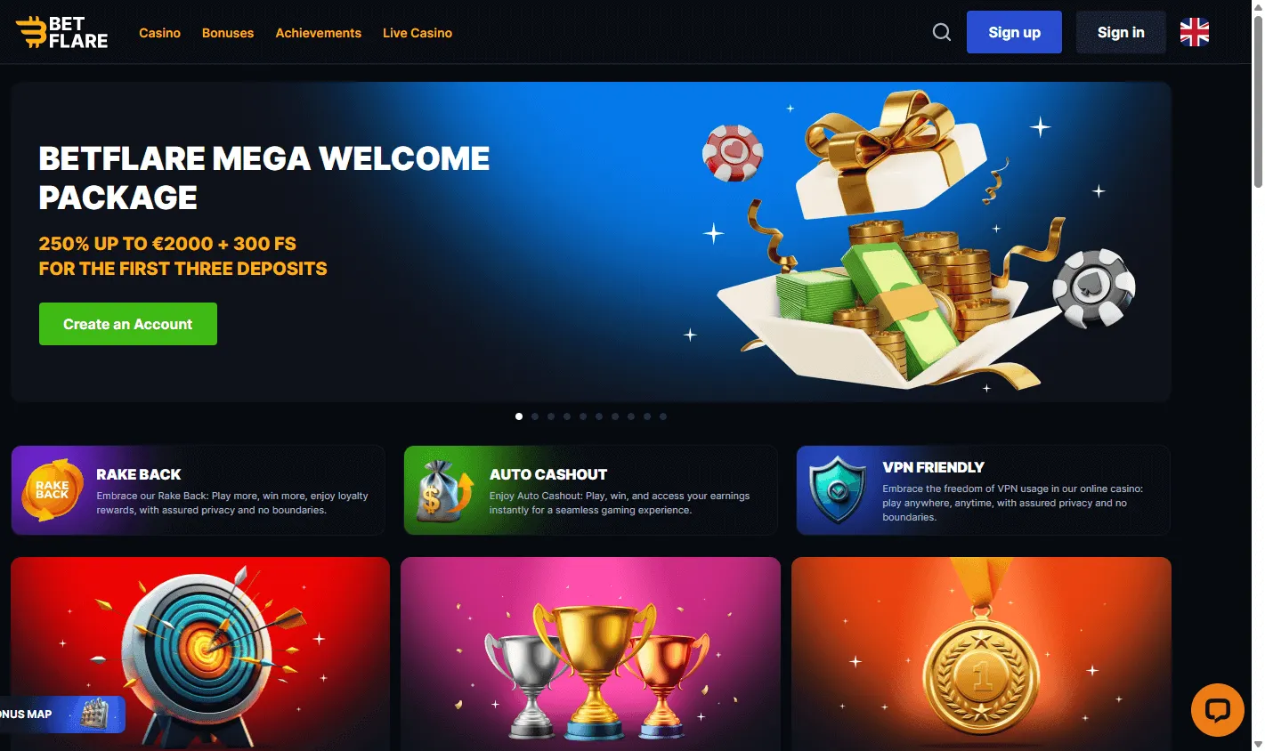Betflare Casino desktop home interface