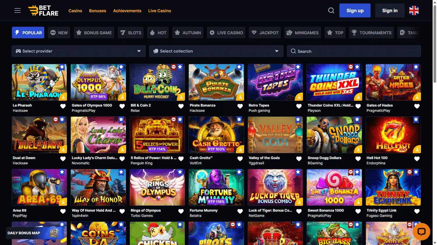 Betflare Casino desktop games interface