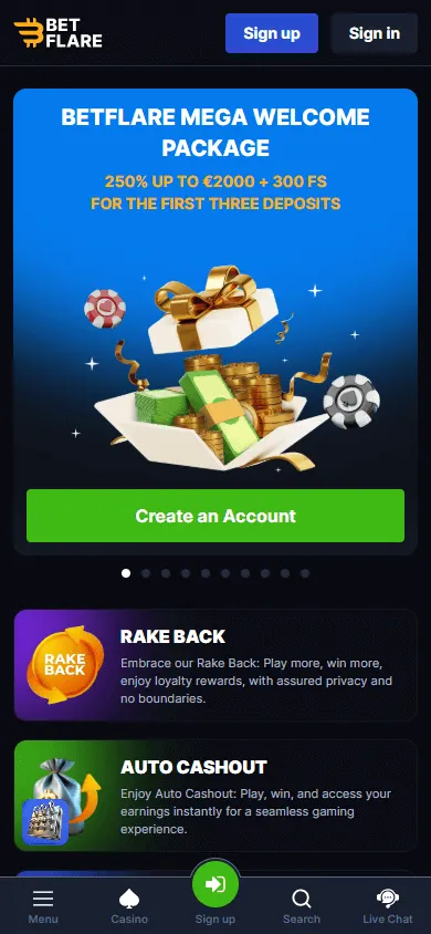 Betflare Casino mobile home interface