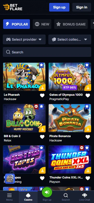 Betflare Casino mobile games interface