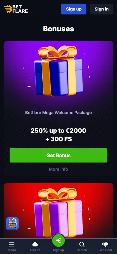 Betflare Casino mobile promotions interface