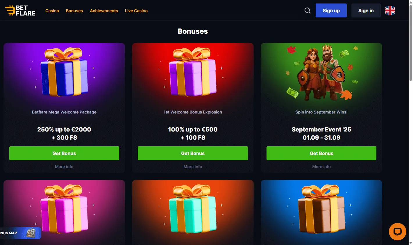 Betflare Casino desktop promotions interface